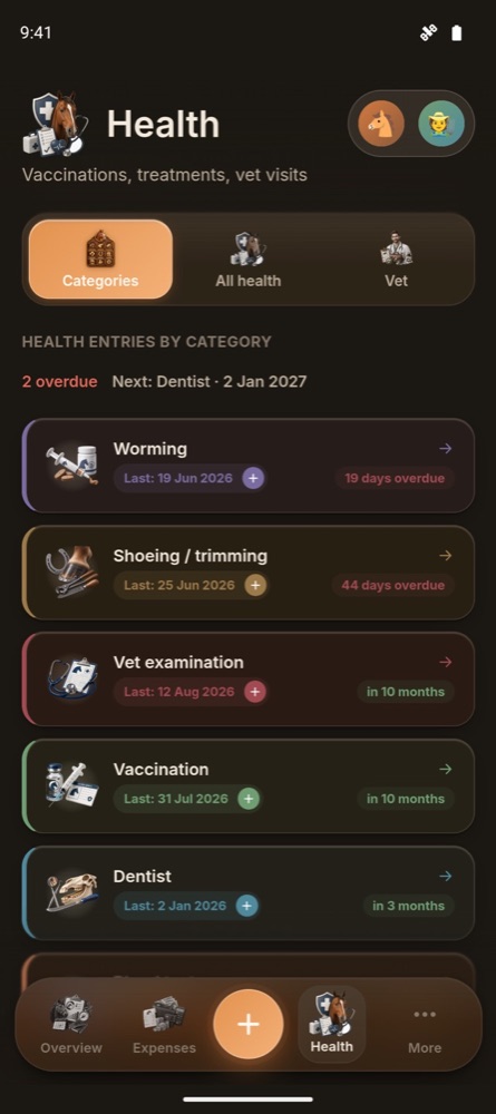 Horsemate health log screen